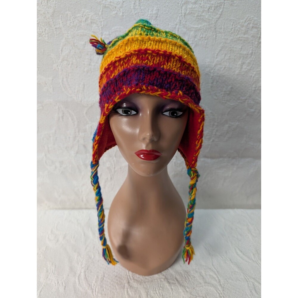 Unisex 100% Wool Made in Nepal Rainbow Knit Hat Cap Ear Flaps Beanie Braided